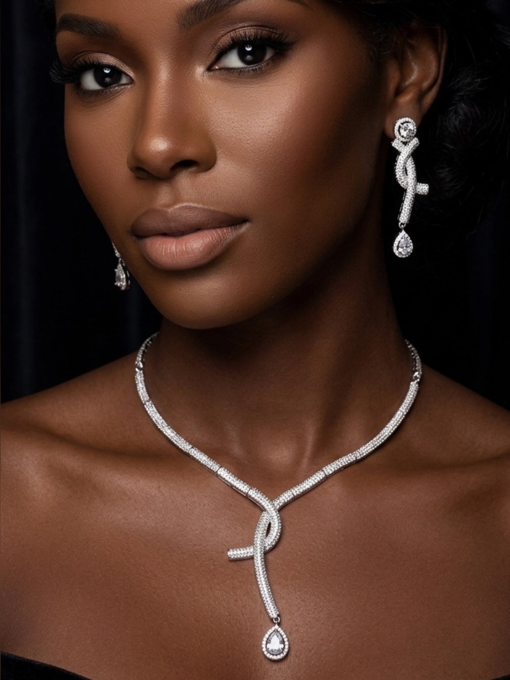 18k Gold Plated American Diamonds Loop Necklace Earrings Ring Jewelry set 3 in 1